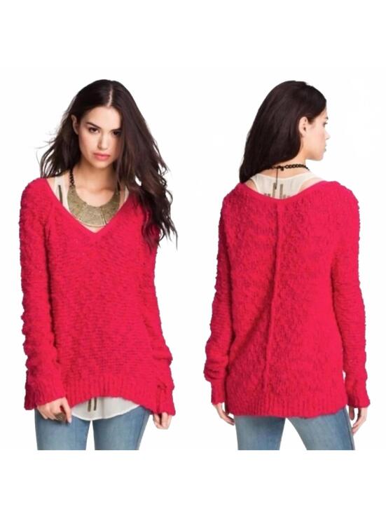 Free People Sweaters - Free People Songbird V Neck Knit Pullover Sweater Flare Bell Sleeve Hot Pink XS